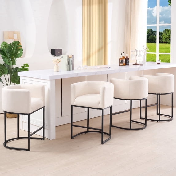 FANCROU 26" H Counter Height Bar Stools Set of 4, Fabric Barrel Stools with Back and Arms, Beige-Black Leg