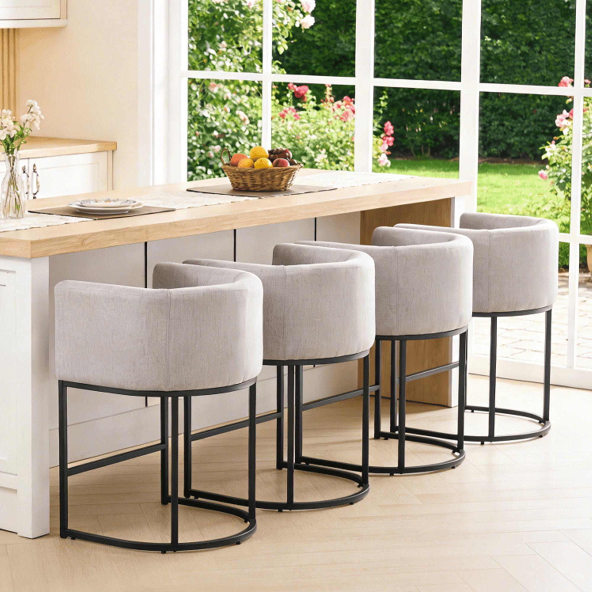 FANCROU 26" H Counter Height Bar Stools Set of 4, Fabric Barrel Stools with Back and Arms, Lightgrey-Black Leg