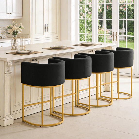 FANCROU 26" H Counter Height Bar Stools Set of 4, Fabric Barrel Stools with Back and Arms, Black-Golden Leg