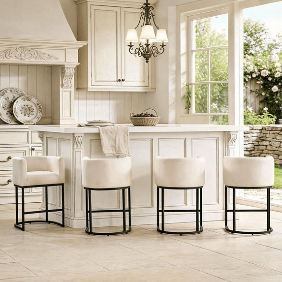 FANCROU 26" H Counter Height Bar Stools Set of 4, Fabric Barrel Stools with Back and Arms, Linen-Black Leg