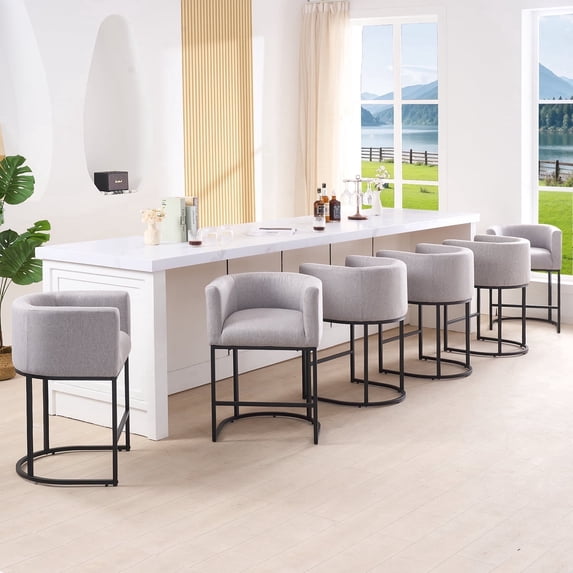 FANCROU 26" H Counter Height Bar Stools Set of 6, Fabric Barrel Stools with Back and Arms, Lightgrey-Black Leg