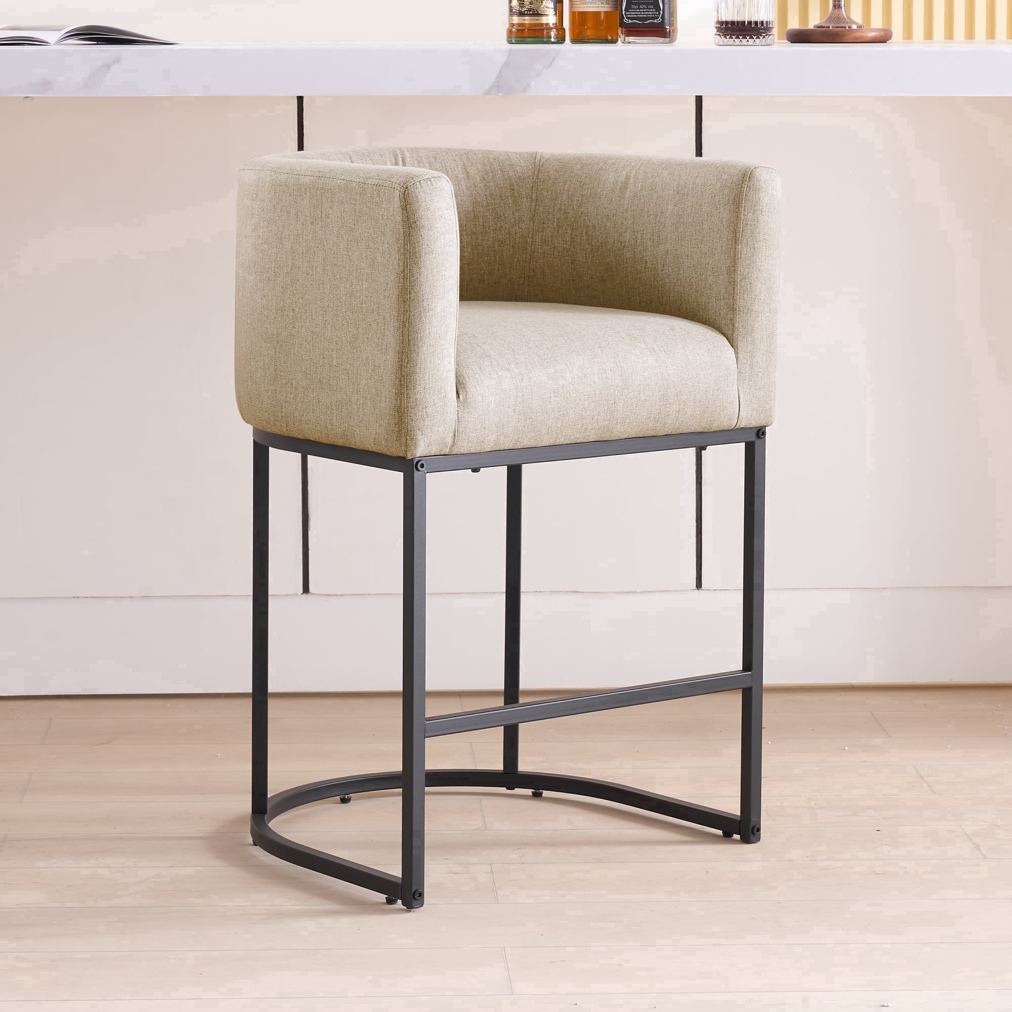 FANCROU 26" H Counter Height Bar Stools Set of 1, Fabric Barrel Stools with Back and Arms, Gamel-Black Leg