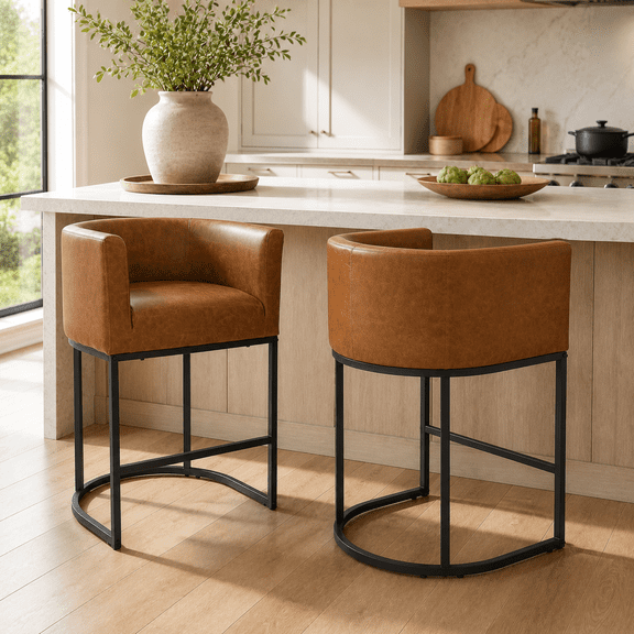 FANCROU 26" H Counter Height Bar Stools Set of 2, PU Leather Count Stool with Back and Footrest,Black Metal Frames, Brown