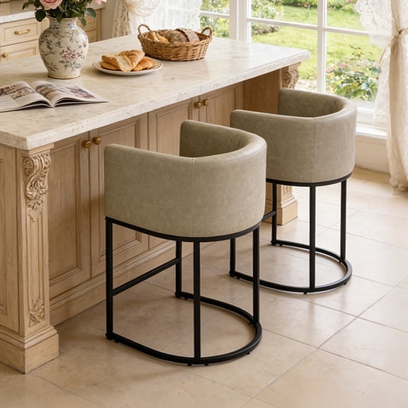 FANCROU 26" H Counter Height Bar Stools Set of 2, PU Leather Count Stool with Back and Footrest,Black Metal Frames, Grey