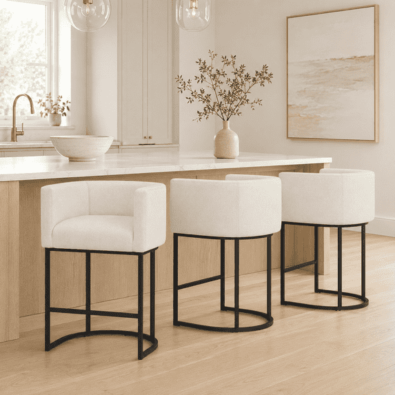 FANCROU 26" H Counter Height Bar Stools Set of 3, Fabric Barrel Stools with Back and Arms, Beige-Black Leg