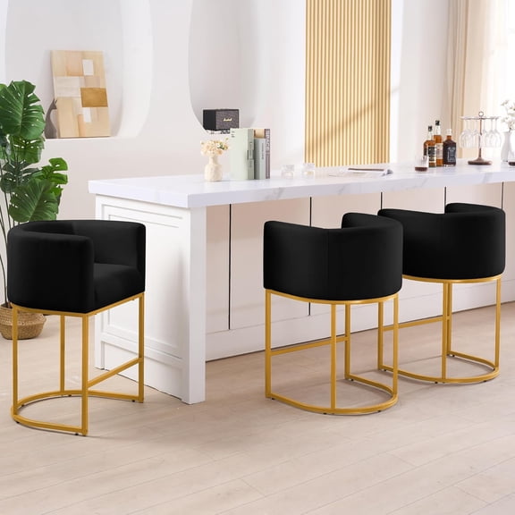 FANCROU 26" H Counter Height Bar Stools Set of 3 With Back and Footrest，Black Metal Frames，Black and Gold