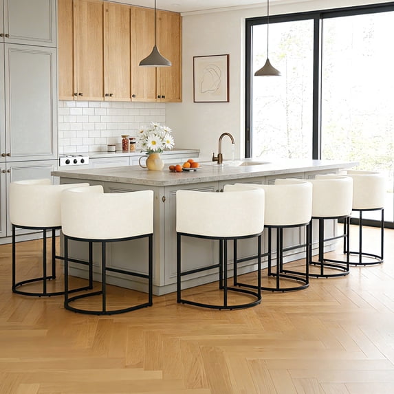 FANCROU 26" H Counter Height Bar Stools Set of 6, PU Leather Count Stool with Back and Footrest,Black Metal Frames, White