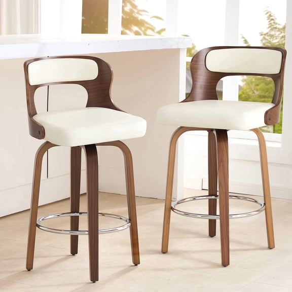 FANCROU 26 inch Swivel Counter Height Bar Stools Set Of 2, PU Leather Seat With Bentwood Back And Legs, White