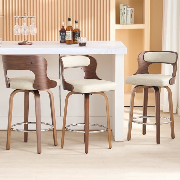 FANCROU 26 inch Swivel Counter Height Bar Stools Set Of 3, PU Leather Seat With Bentwood Back And Legs, Beigegrey