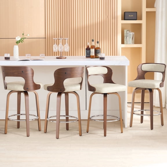 FANCROU 26 inch Swivel Counter Height Bar Stools Set Of 4, PU Leather Seat With Bentwood Back And Legs, Beigegrey