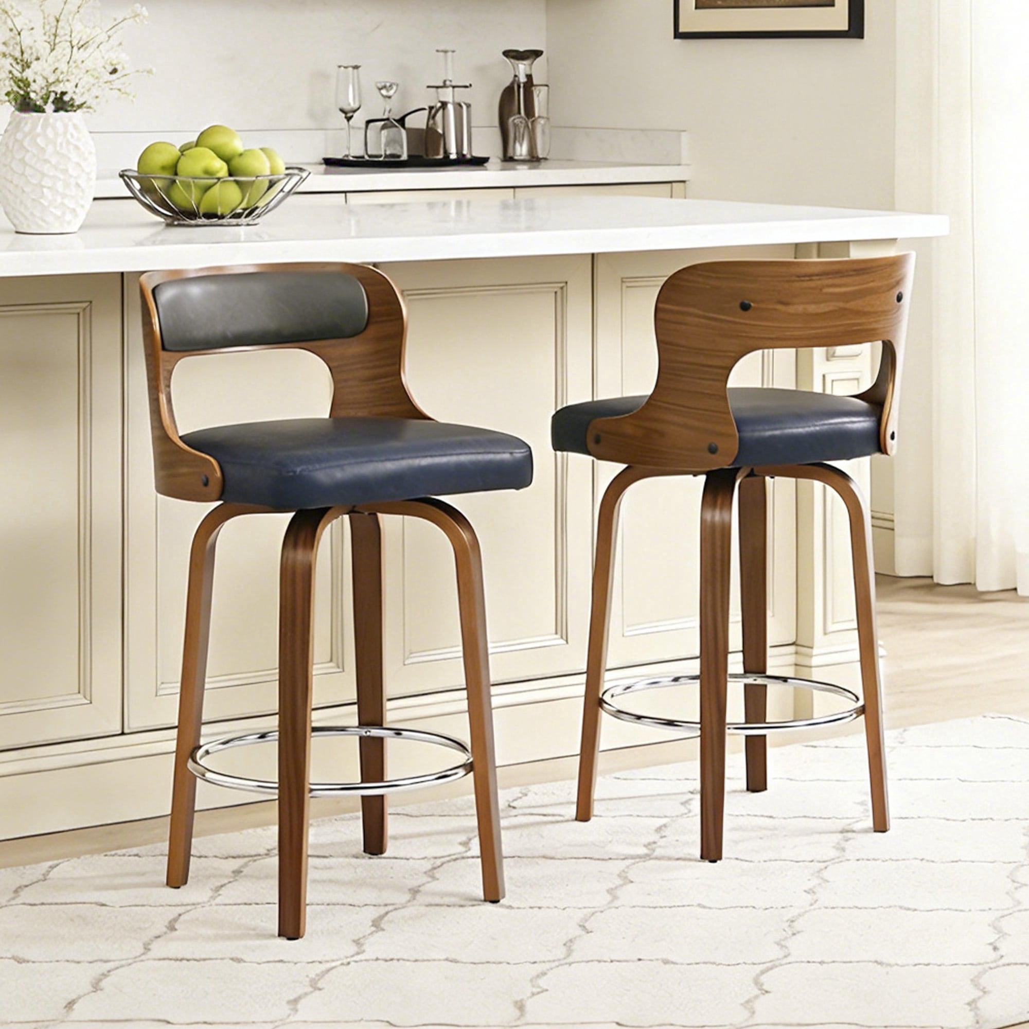 FANCROU 26 inch Swivel Counter Height Bar Stools Set Of 2, PU Leather Seat With Color-Blocked Square Cushion, Bentwood Walnut Color Back And Legs, Mixed Color