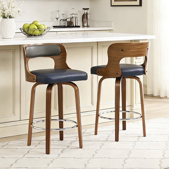 FANCROU 26 inch Swivel Counter Height Bar Stools Set Of 2, PU Leather Seat With Color-Blocked Square Cushion, Bentwood Walnut Color Back And Legs, Mixed Color