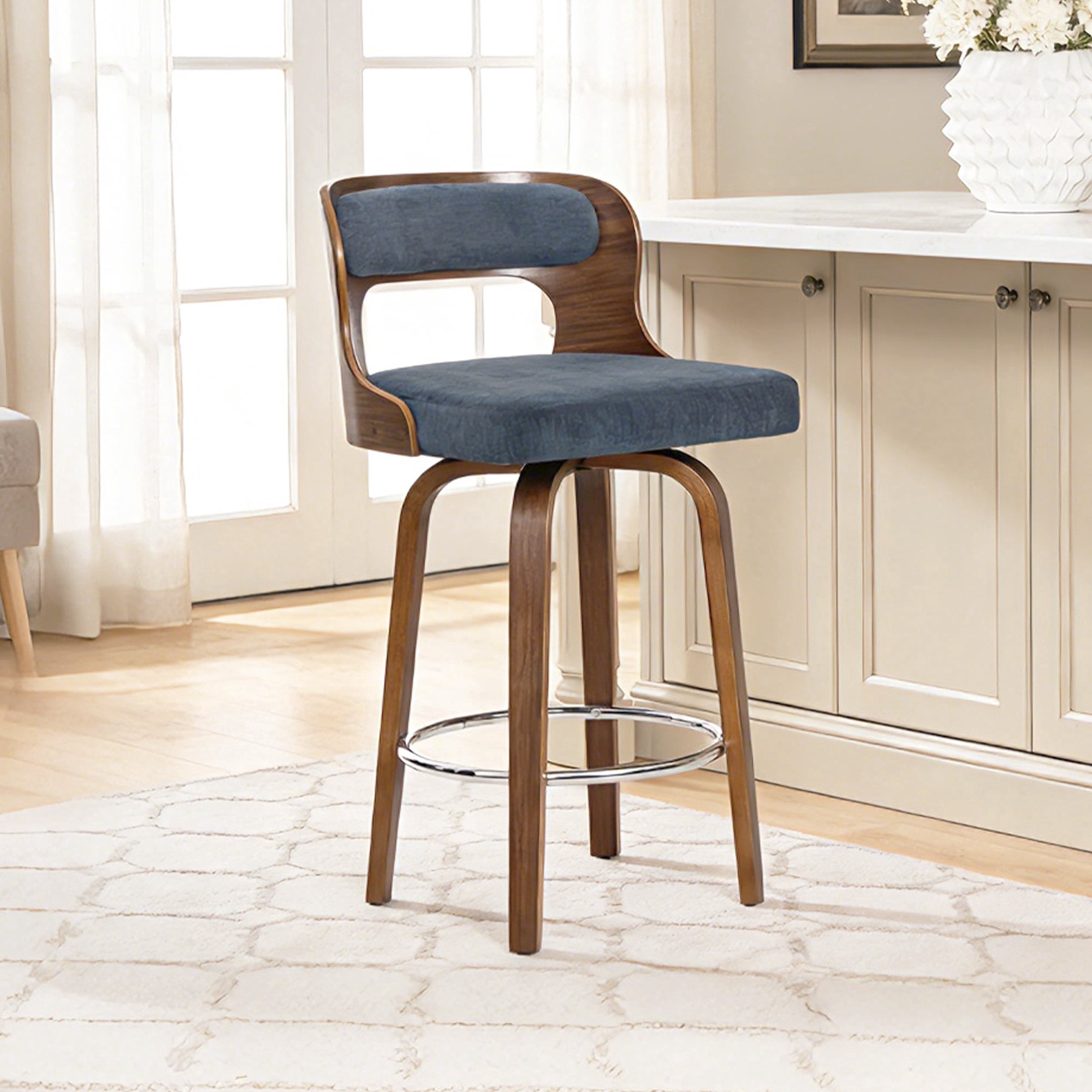 FANCROU 26 inch Swivel Counter Height Bar Stools Set Of 1, Linen Fabric Seat , Bentwood Walnut Color Back And Legs, Blue