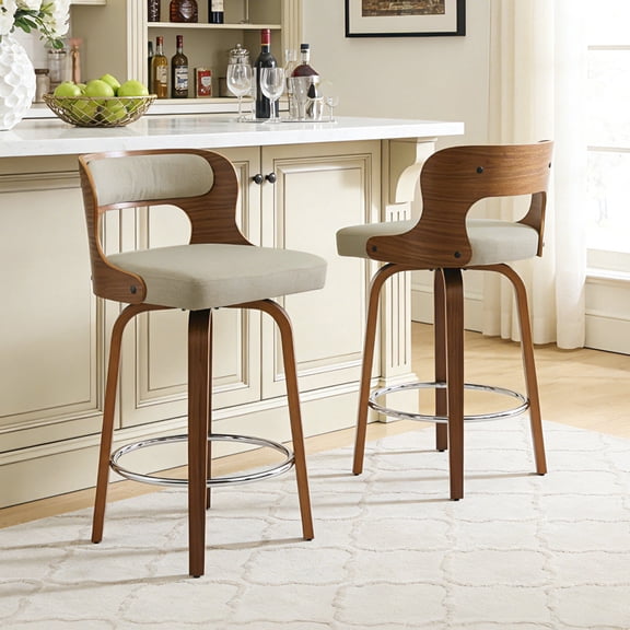 FANCROU 26 inch Swivel Counter Height Bar Stools Set Of 2, Linen Fabric Seat With Bentwood Walnut Color Back And Legs, Camel