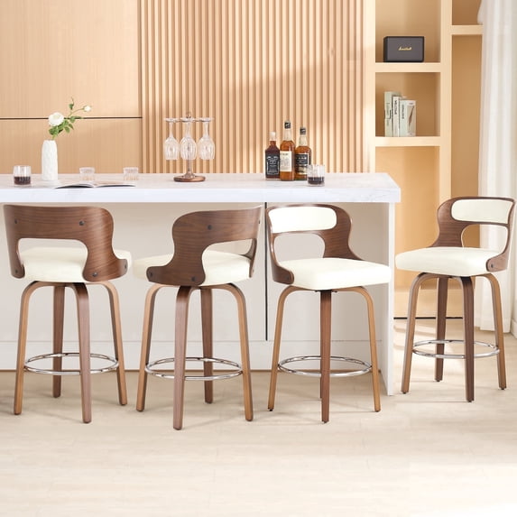 FANCROU 26 inch Swivel Counter Height Bar Stools Set Of 4, PU Leather Seat With Bentwood Back And Legs, White