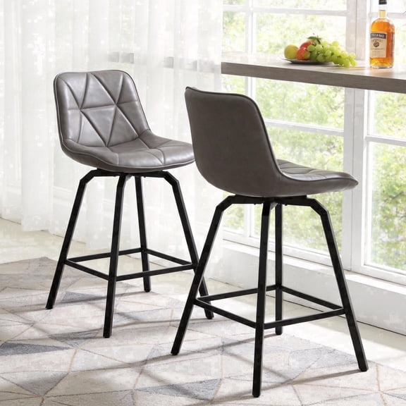Fancrou 26″ Swivel Counter Height Bar Stools Set Of 2, Triangular Pattern Faux Leather Seat With Metal Legs And Back, Grey