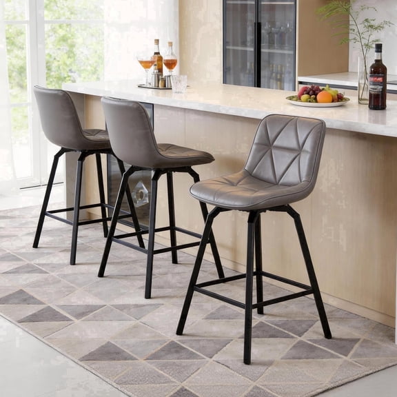 Fancrou 26″ Swivel Counter Height Bar Stools Set Of 3, Triangular Pattern Faux Leather Seat With Metal Legs And Back, Grey