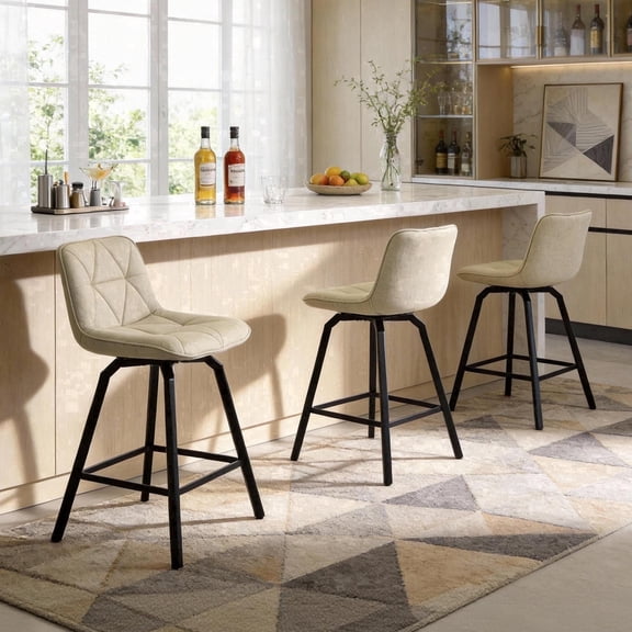 Fancrou 26″ Swivel Counter Height Bar Stools Set Of 3, Triangular Pattern Seat With Metal Legs And Back, Camel-Fabric