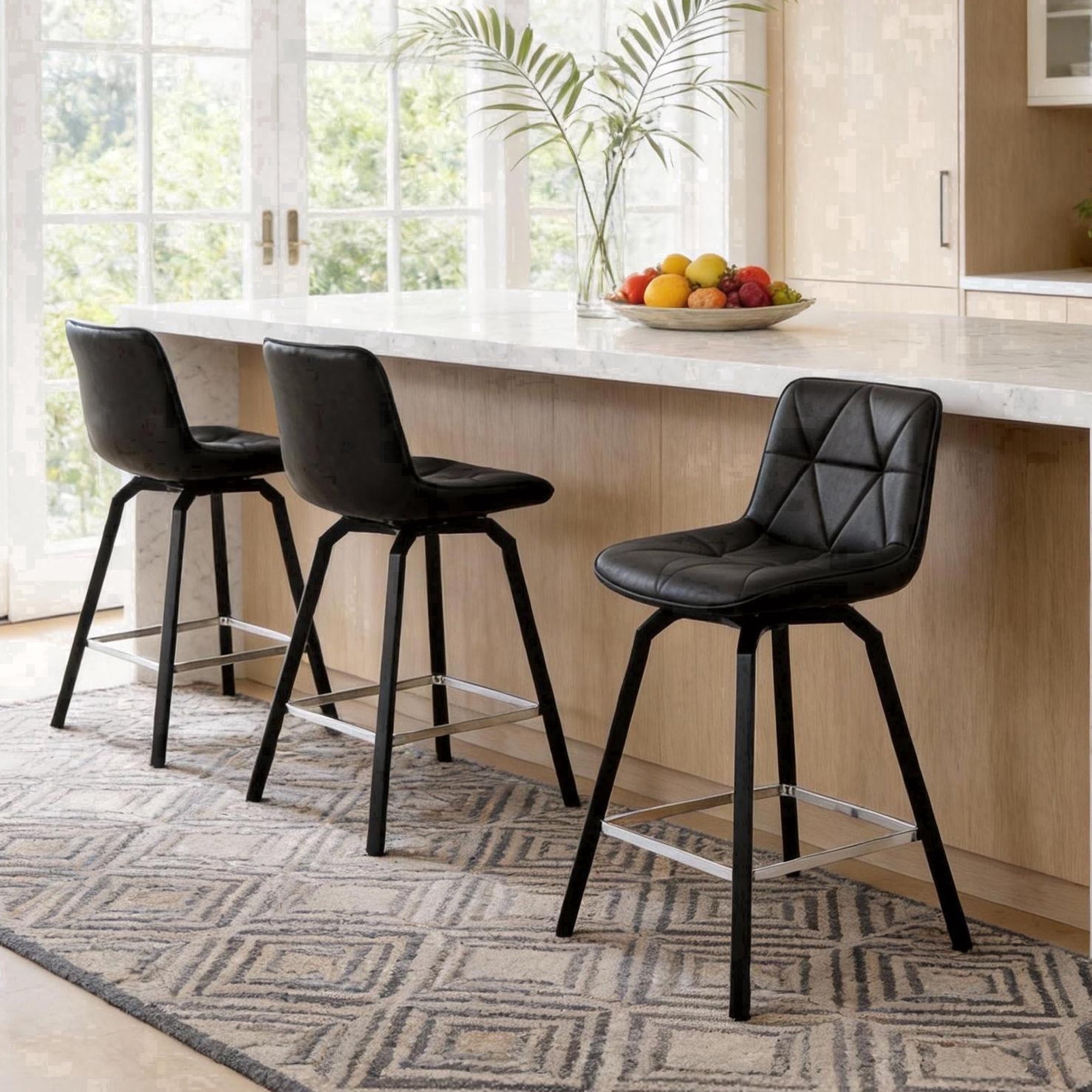 Fancrou 26″ Swivel Counter Height Bar Stools Set Of 3, Triangular Pattern Faux Leather Seat With Metal Legs And Back, Black-Silver Footrest