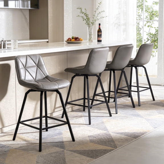 Fancrou 26″ Swivel Counter Height Bar Stools Set Of 4, Triangular Pattern Faux Leather Seat With Metal Legs And Back, Grey
