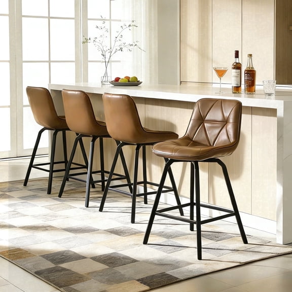 Fancrou 26″ Swivel Counter Height Bar Stools Set Of 4, Triangular Pattern Faux Leather Seat With Metal Legs And Back, Darkbrown