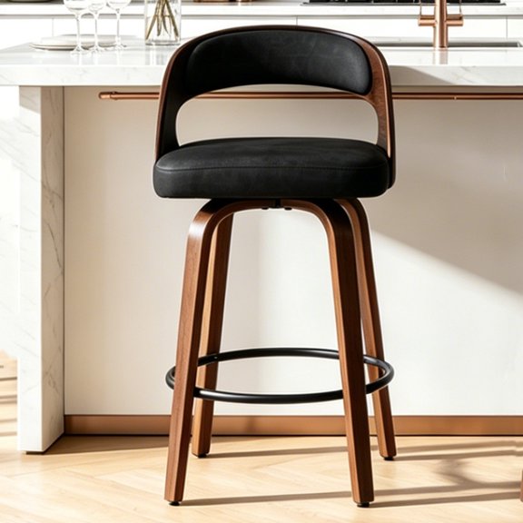 FANCROU Modern 360° Swivel Bar Stool Set of 1, Faux Leather Counter Height Bar Chair with Backrest and Walnut Wood Legs, Black