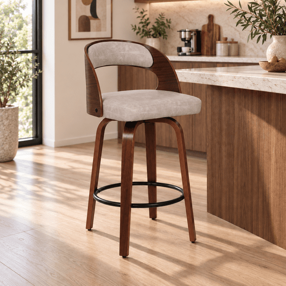 FANCROU Modern 360° Swivel Bar Stool Set of 1, Faux Leather Counter Height Bar Chair with Backrest and Walnut Wood Legs, Gray