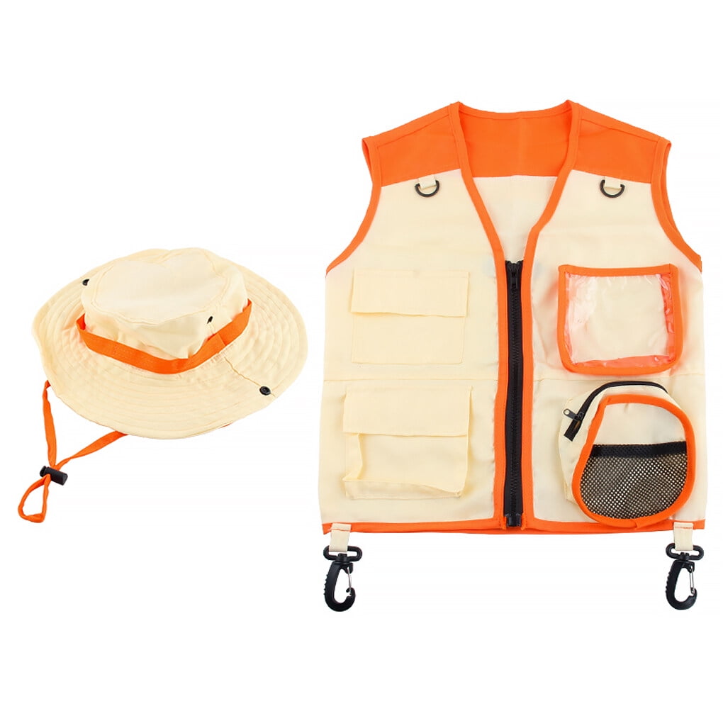 FANCY Kids Insect Explorer Vest Hat Kit Outdoor Camping Fishing Adventure  Costumes School Party Boys Girls Suit with Multiple Pockets Orange