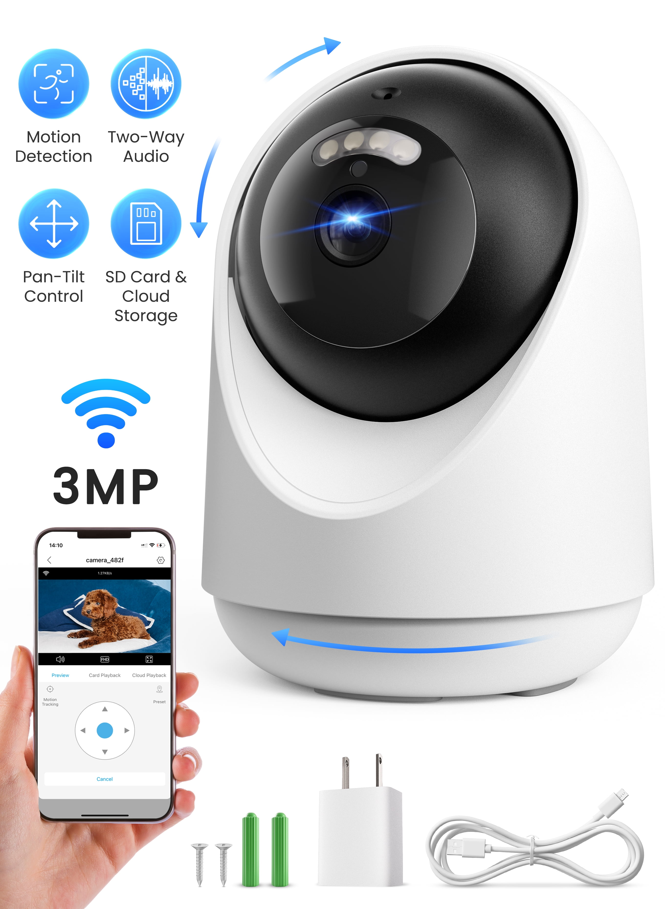 FANCYBANT 3MP Pet Camera Baby Monitor with Two Way Video Call Indoor Home Security Camera with AI Motion Detection Night Vision, SD Card \u0026 Cloud Storage for Baby Pet Elderly,White