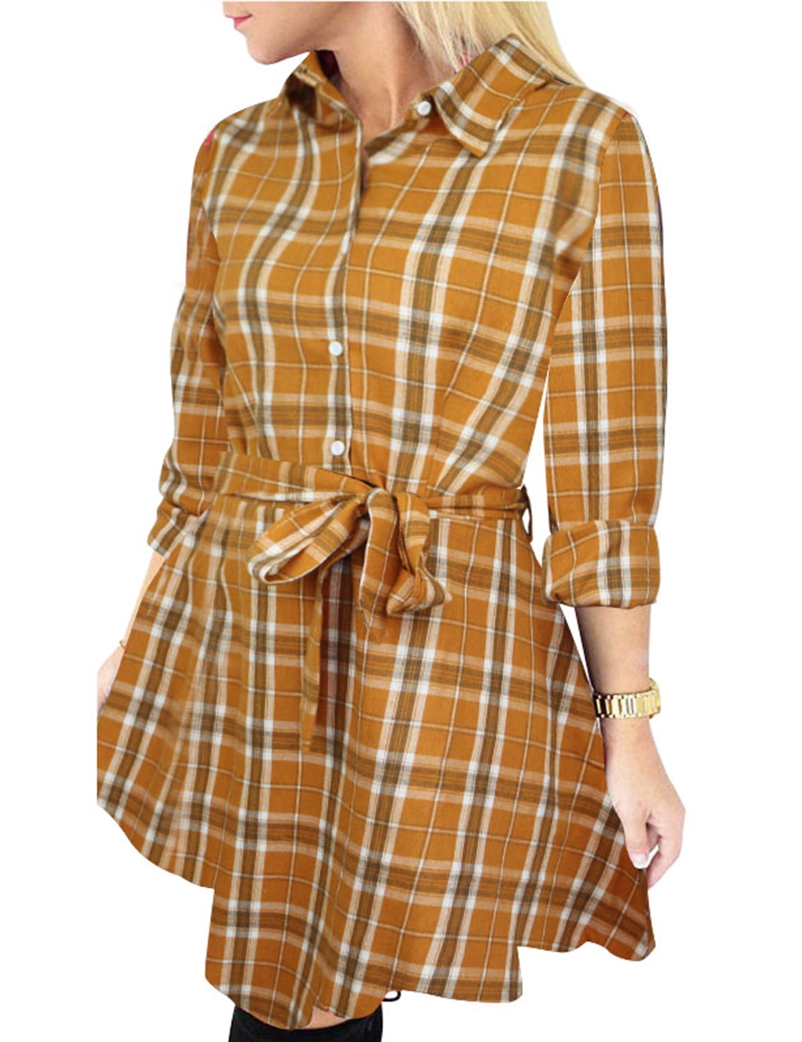 FANCYINN Buffalo Plaid Dress for Women Flannel Plaid Pattern Tunic Tops Pumpkin Shirt Casual Spring Dress with Belt Orange White S Walmart