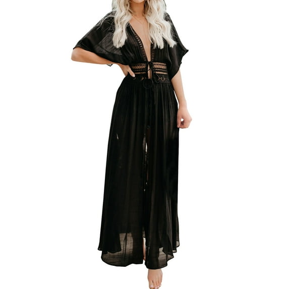 FANCYINN Long Black Beach Coverups for women Kimono Bikini Cardigan Swimsuit Summer Flowy Dress Beachwear S