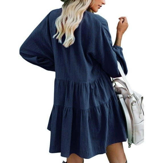 FANCYINN Long Sleeve Shift Tunic Dress Ruffle Swing Babydoll Juniors Mini Navy Blue Ruffle Dress with Pockets XS