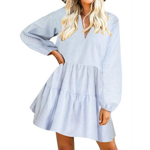FANCYINN Long Sleeve Shift Tunic Dress Ruffle Swing Babydoll Juniors Mini Tiered Dress with Pockets Blue Pinstripe L