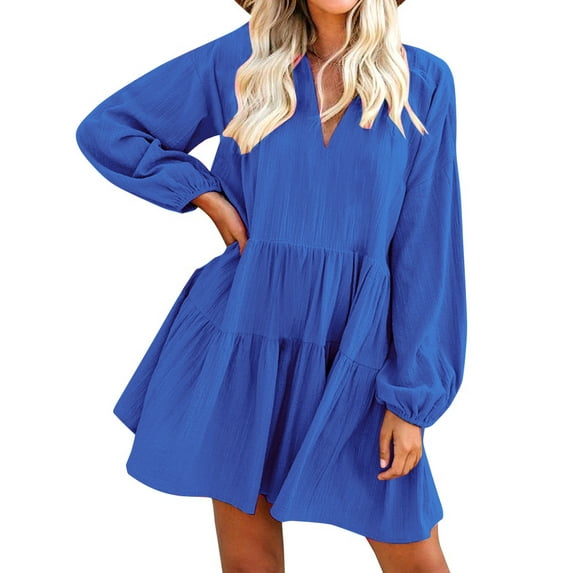 FANCYINN Long Sleeve Shift Tunic Dress Ruffle Swing Babydoll Juniors Mini Tiered Dress with Pockets Dark Blue L