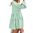 thumbnail image 1 of FANCYINN Long Sleeve Shift Tunic Dress Ruffle Swing Babydoll Juniors Mini Tiered Dress with Pockets Light Green XS, 1 of 5