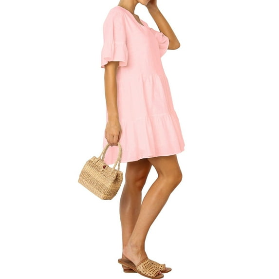 FANCYINN Women Cute Pink Shift Tunic Dress Fully Lined Bell Sleeve V Neck Swing Pink Ruffle Babydoll Dress Summer Vacation S