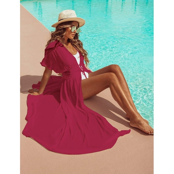 FANCYINN Women Long Lace Cover Up Bohemian Kimono Sheer Lace Tie Front Beachwear Crochet Dress Wine S