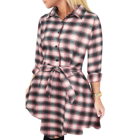 FANCYINN Women Long Sleeve Plaid Pattern Tunic Tops Shirt Casual Fall Christmas Dress Green & Pink L
