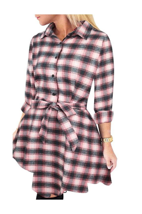 Women Long Sleeve Plaid Pattern Tunic Tops Shirt Casual Fall Christmas Dress Green & Pink L