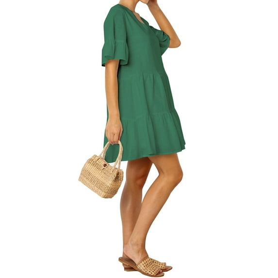 FANCYINN Women Ruffle Mini Short Dress for St Patricks Day with Pockets Fully Lined Bell Sleeve V Neck Beach Swing Tunic Shift Dress Dark Green L