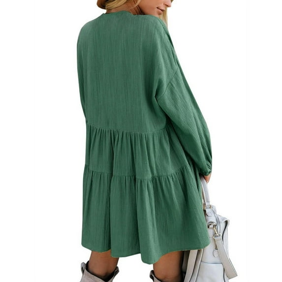 FANCYINN Women Shift Tunic Ruffle Dress Long Lantern Sleeves Babydoll V Neck Swing Mini Dark Green Cocktail St Patricks Day Dress XL