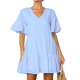thumbnail image 1 of FANCYINN Women Sweet Shift Tunic Dress Short Bell Sleeve V Neck Causal Swing Red Ruffle Mini Dress with Pockets Light Blue L, 1 of 5