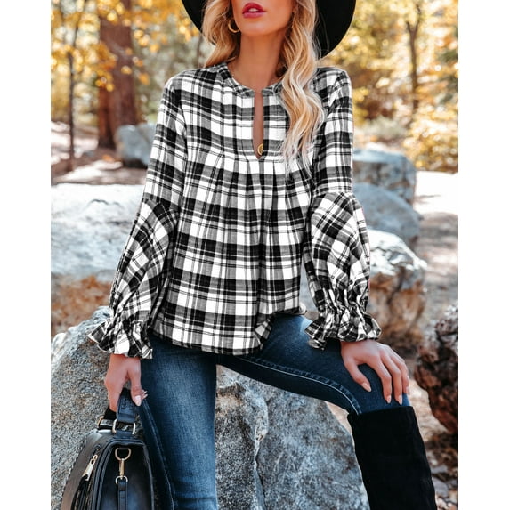 FANCYINN Women's Casual Flannel Plaid Pleated Front Babydoll Tunic Tops Split Neck Long Lantern Sleeves Loose Pullover Shirts Black & White Plaid S