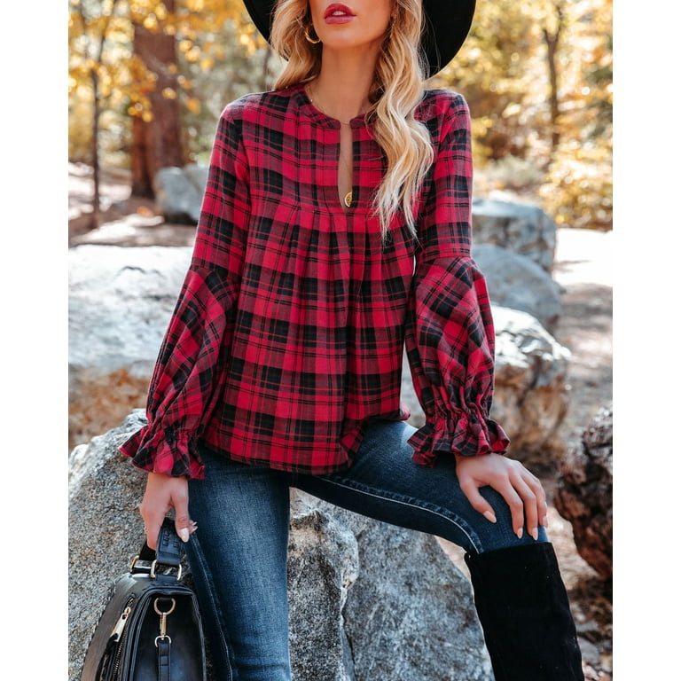 FANCYINN Women's Casual Flannel Plaid Pleated Front Babydoll Tunic Tops  Split Neck Long Lantern Sleeves Loose Pullover ShirtsBlack & Red Plaid S