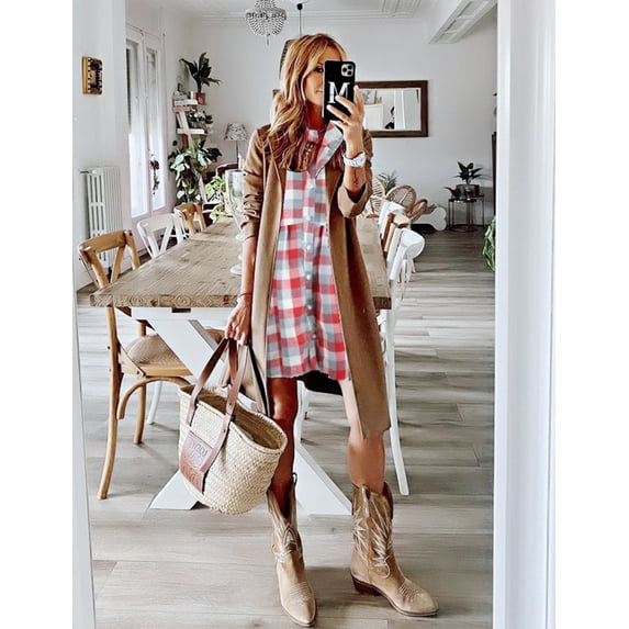 FANCYINN Women's Gingham Stand Collar Shirt Dress Button Down Casual Long Sleeve Tie Sleeves Mini Plaid Shirt Dresses Red and White and Grey L