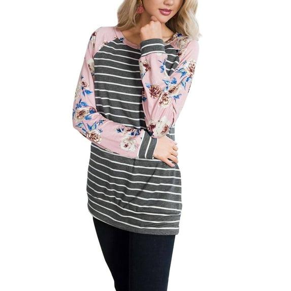 FANCYINN Women's Long Floral Sleeve @ Striped Top Blouse Banded Bottom Hem Raglan Shirt Pink Floral L