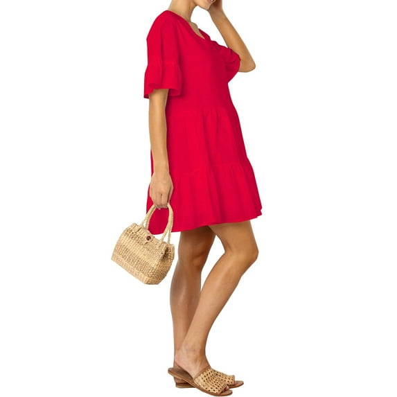 FANCYINN Women’s Red Cute Shift Tunic Dress Short Bell Sleeve V Neck Causal Swing Red Ruffle Mini Dress with Pockets XS