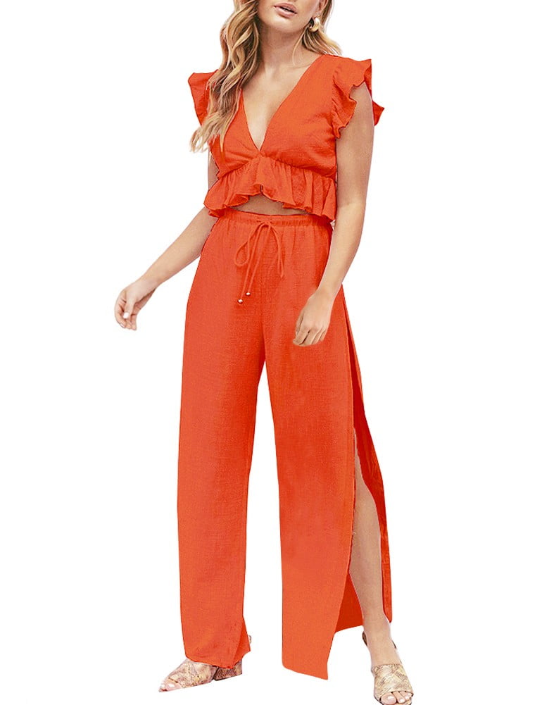 FANCYINN Womens 2 Pieces Crop Top Outfits Deep V Neck Side
