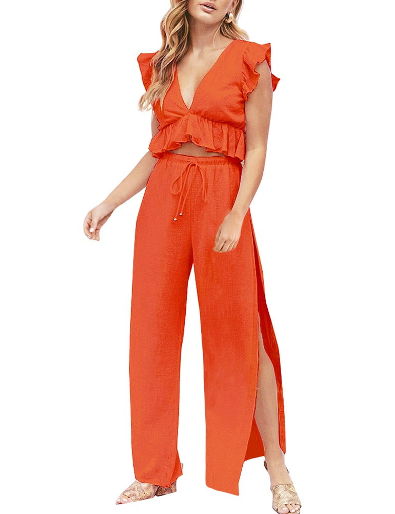 FANCYINN Womens 2 Pieces Outfits Deep V Neck Crop Top Side Slit Drawstring  Wide Leg Pants Set Jumpsuits