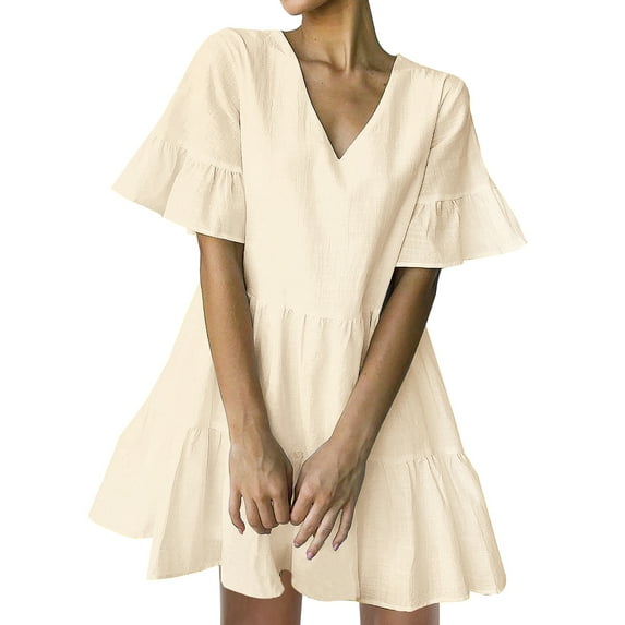 FANCYINN Womens Cute Shift Dress Short Bell Sleeve Ruffle Hem V Neck Loose Swing Tunic Mini Dress with Pockets Beige L